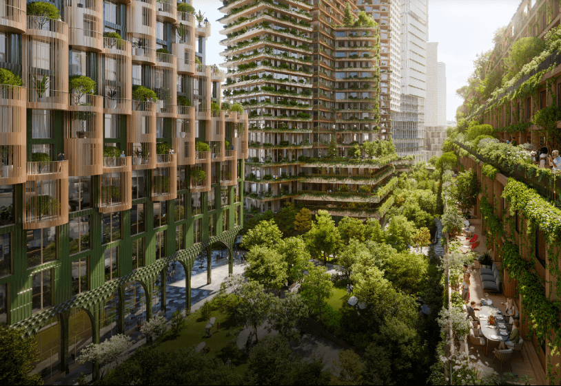Renderings from Waterfront Toronto are about trees, not tech. Planned high-rises frame a two-acre community forest, a public space by Denmark’s SLA design studio. WATERFRONT TORONTO