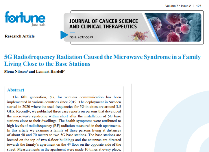 Fortune journals - 5G Radiofrequency Radiation Caused the Microwave Syndrome in a Family Living Close to the Base Stations. by Mona Nilsson and Lennart Hardell