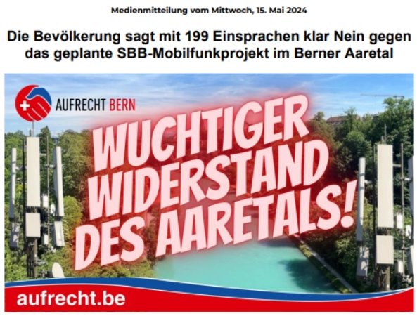 Die Bevölkerung sagt mit 199 Einsprachen klar NEIN gegen das geplante SBB-Mobilfunkprojekt im Berner Aaretal