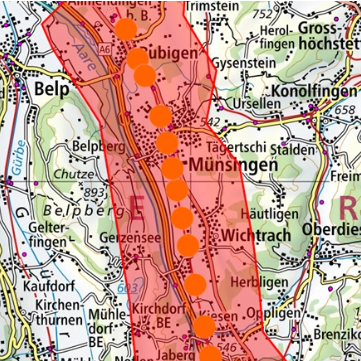 Mit 199 Einsprachen klar NEIN gegen das SBB-Mobilfunkprojekt im Berner Aaretal - orange Punkte geplante Antennen, rote Fläche: Einspracheradius 1