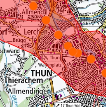 orange Punkte geplante Antennen, rote Fläche: Einspracheradius 3