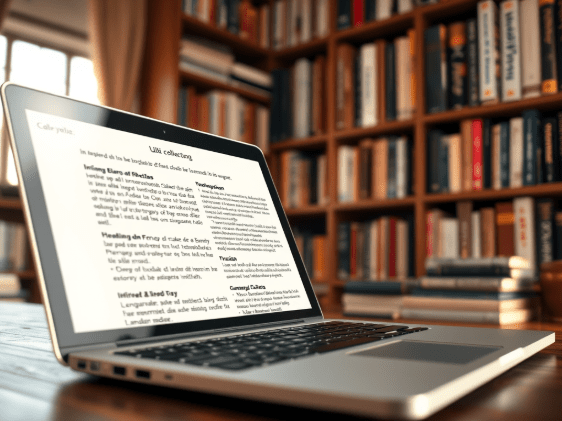 Laptop in a library reading multilingual blog posts