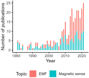 Anzahl publizierter Insektenstudien zum Magnetsinn und zu elektromagnetischen Feldern (Grafik Thill et al. 2023)