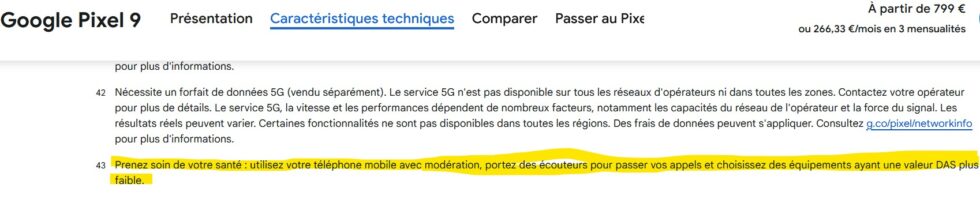 PhoneGate - Screen Capture of Google Pixel 9  SAR / DAS notice 