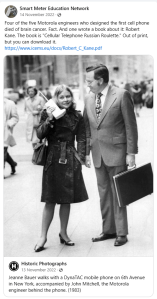 Jeanne Bauer walks with a DynaTAC mobile phone on 6th Avenue in New York accompanied by John Mitchell, the Motorola engineer behind the phone (1983)
