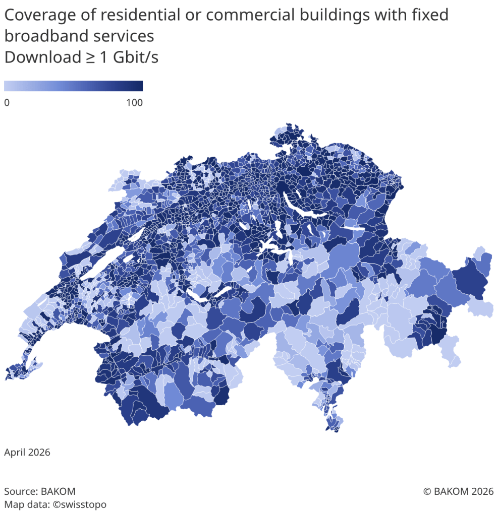 BAKOM - Commune Coverage of residential or commercial buildings with fixed broadband services
Download ≥ 1 Gbit/s - April 2026