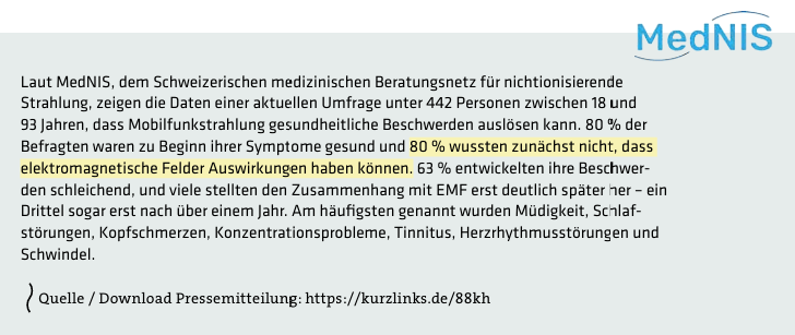 MedNIS Pressemitteilung- 80% wussten zunächst nicht dass electromagnetische Felder Auswirkungen haben können