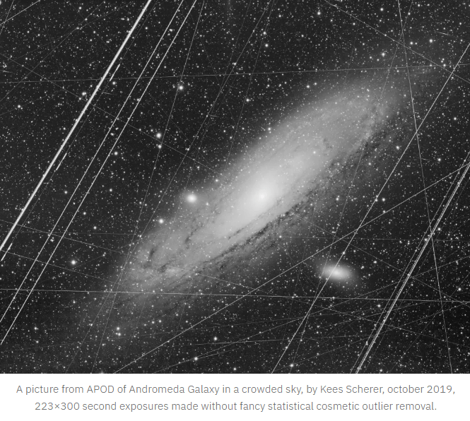 A picture from APOD of Andromeda Galaxy in a crowded sky, by Kees Scherer, Oct 2019, 223×300 second exposures made without fancy statistical cosmetic outlier removal.
